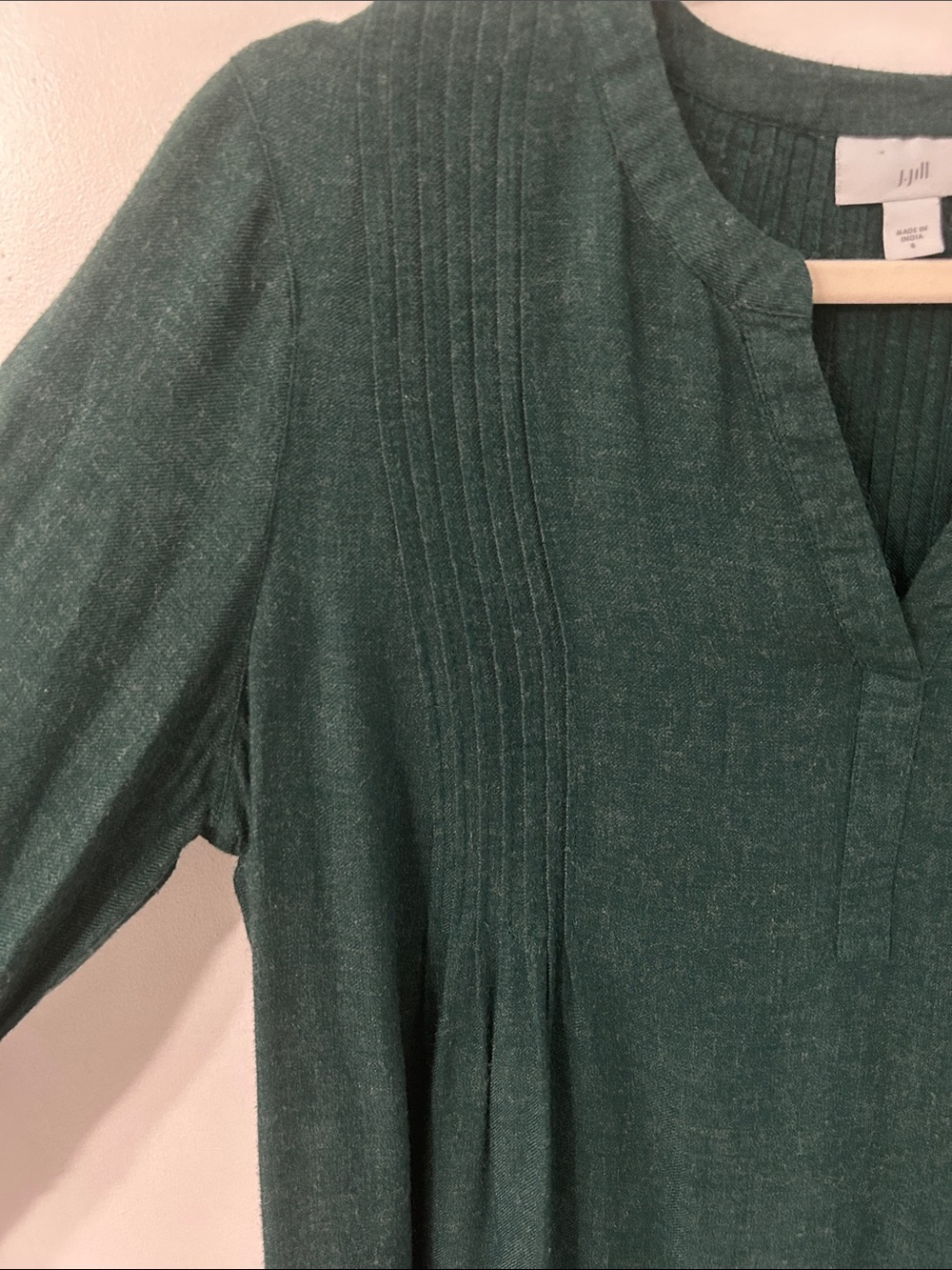 J. Jill Pintuck Henley Swing Trapeze Dress Forest Green Long Sleeve Poet Midi - Picture 4 of 13